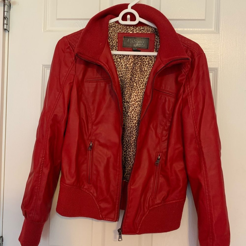 Red leather jacket with leopard print inside